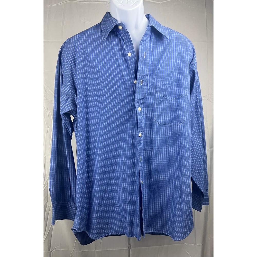 Vtg 80's Harold Powell Mens Blue Gingham Check Dress Shirt 17 35 Long Sleeve